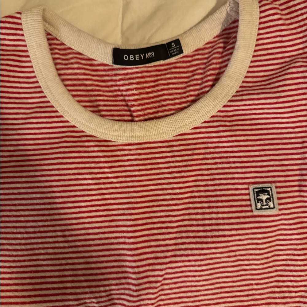 Vintage Obey Red and White Striped Tee